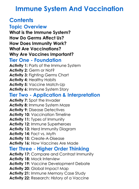 Immune System And Vaccination Worksheet Activity Booklet