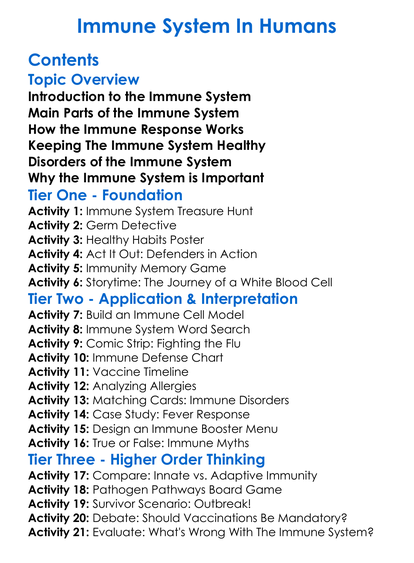 Immune System In Humans Worksheet Activity Booklet