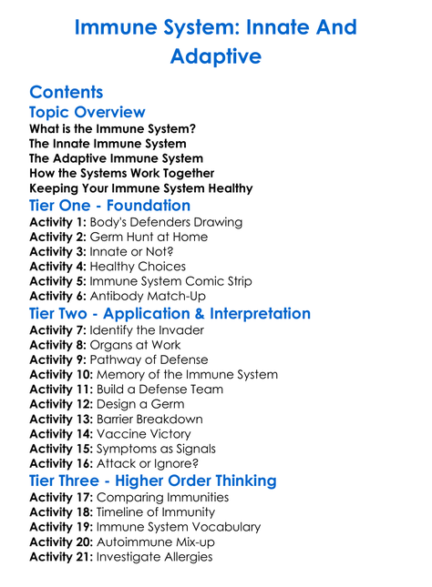 Immune System Innate And Adaptive Worksheet Activity Booklet