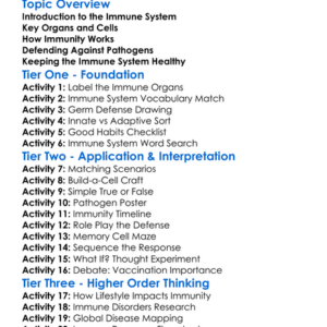 Immune System Overview Worksheet Activity Booklet