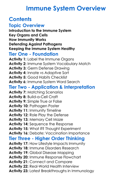 Immune System Overview Worksheet Activity Booklet