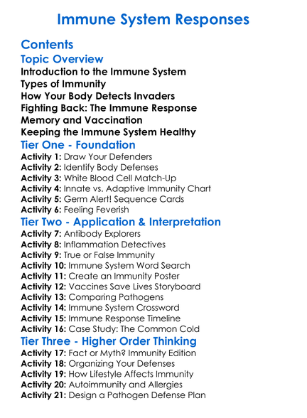 Immune System Responses Worksheet Activity Booklet