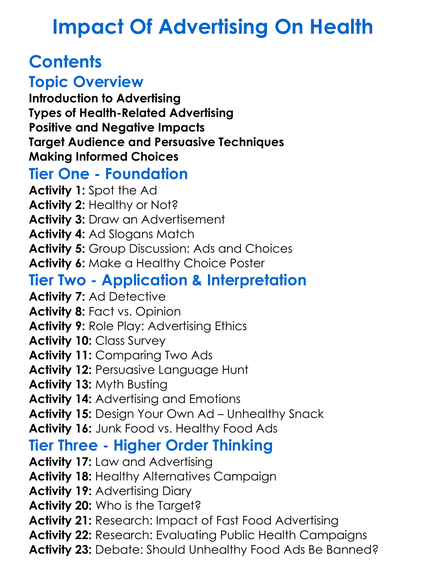Impact Of Advertising On Health Worksheet Activity Booklet