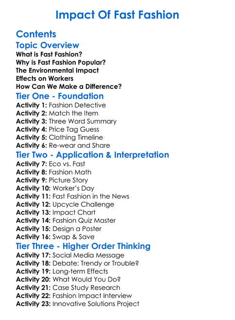 Impact Of Fast Fashion Worksheet Activity Booklet
