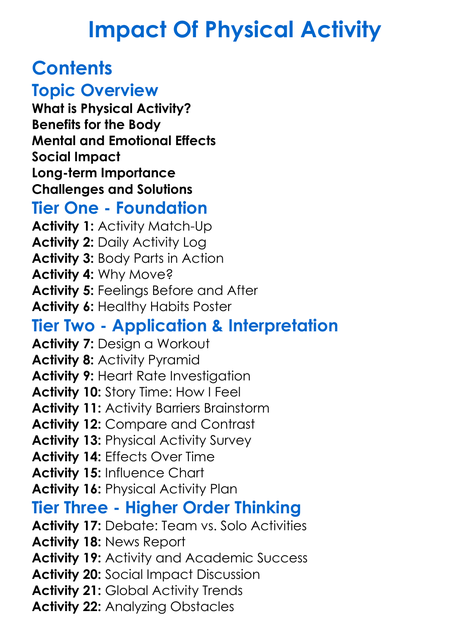 Impact Of Physical Activity Worksheet Activity Booklet