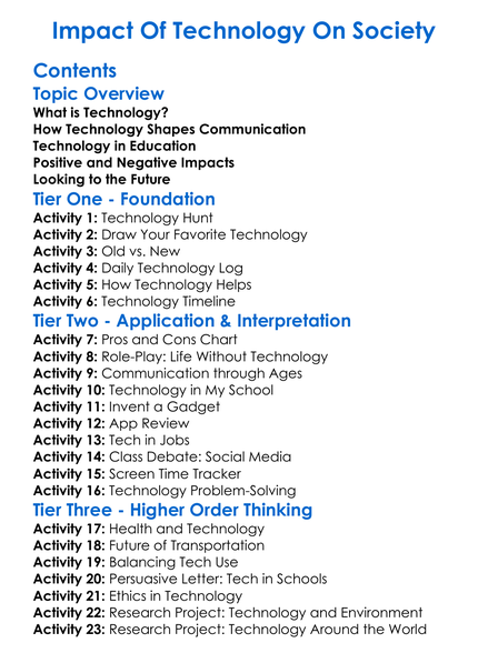 Impact Of Technology On Society Worksheet Activity Booklet