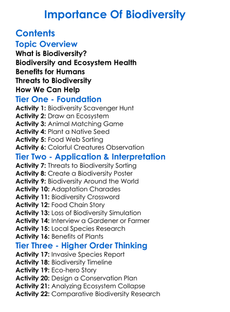Importance Of Biodiversity Worksheet Activity Booklet