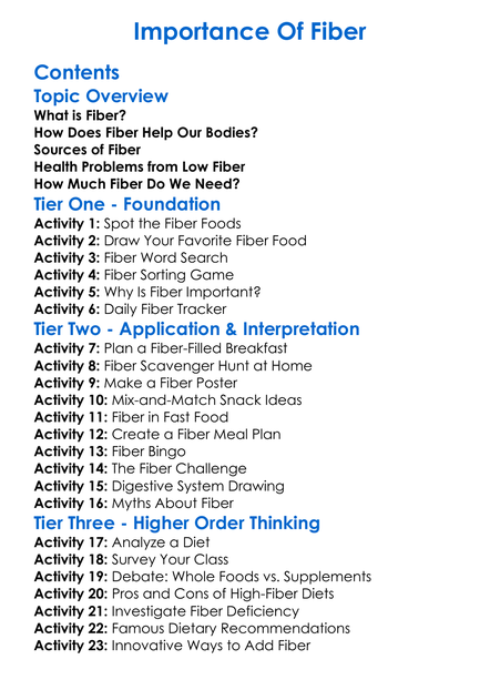Importance Of Fiber Worksheet Activity Booklet