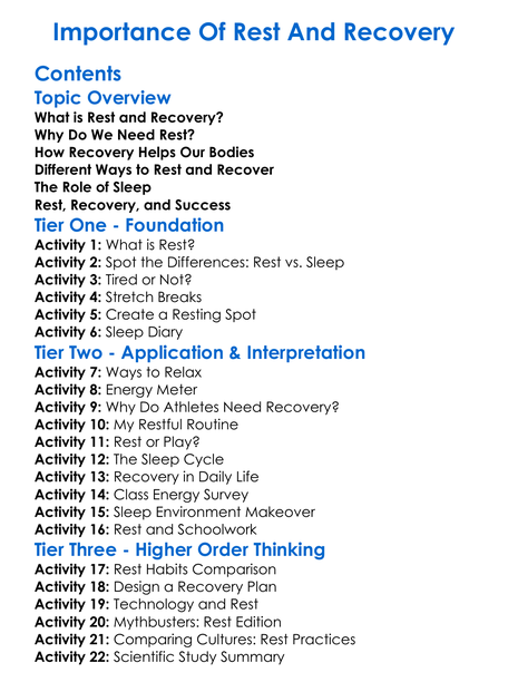 Importance Of Rest And Recovery Worksheet Activity Booklet