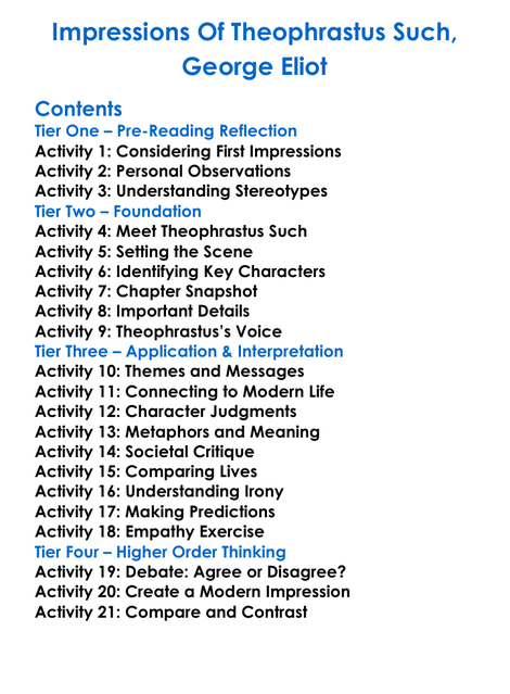Impressions Of Theophrastus Such George Eliot Worksheet Activity Booklet