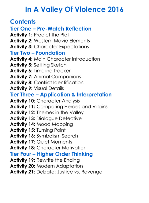 In A Valley Of Violence 2016 Worksheet Activity Booklet