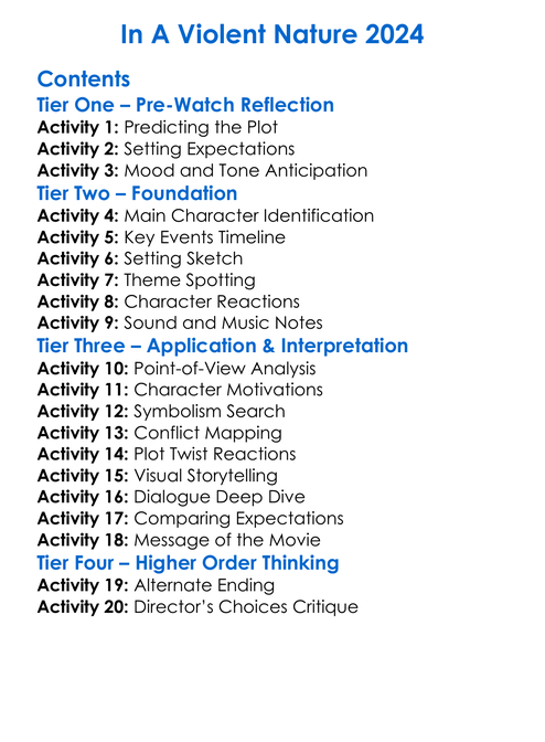 In A Violent Nature 2024 Worksheet Activity Booklet