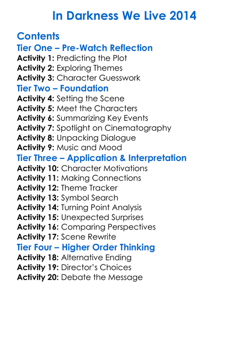 In Darkness We Live 2014 Worksheet Activity Booklet