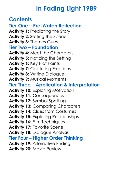 In Fading Light 1989 Worksheet Activity Booklet