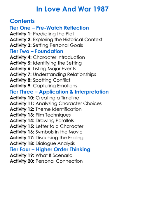 In Love And War 1987 Worksheet Activity Booklet