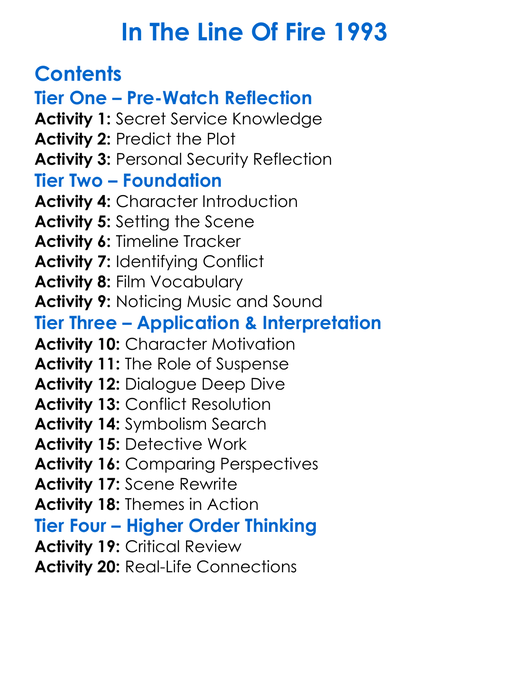 In The Line Of Fire 1993 Worksheet Activity Booklet