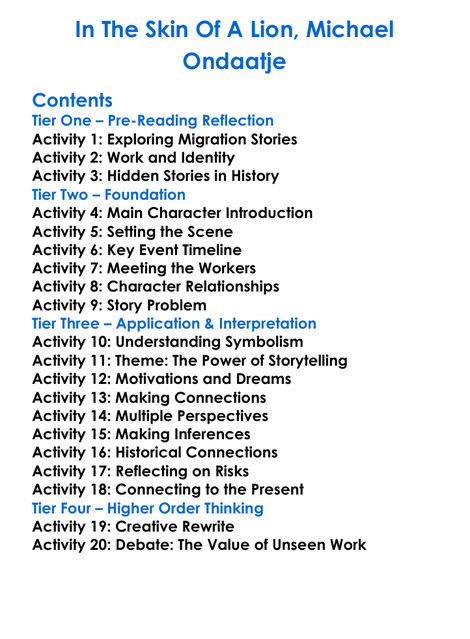 In The Skin Of A Lion Michael Ondaatje Worksheet Activity Booklet