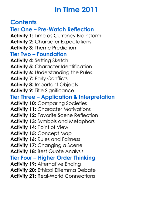 In Time 2011 Worksheet Activity Booklet