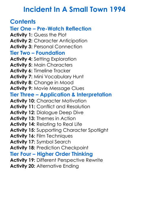 Incident In A Small Town 1994 Worksheet Activity Booklet
