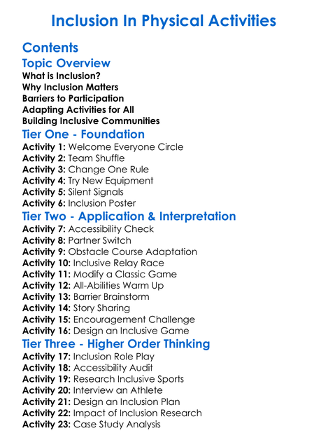 Inclusion In Physical Activities Worksheet Activity Booklet