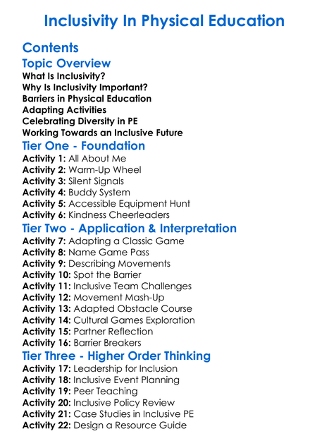 Inclusivity In Physical Education Worksheet Activity Booklet