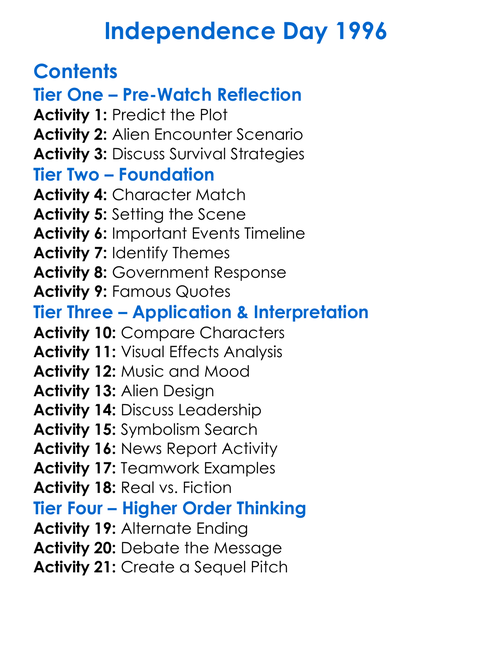 Independence Day 1996 Worksheet Activity Booklet