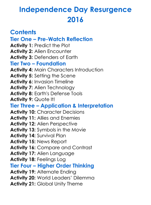 Independence Day Resurgence 2016 Worksheet Activity Booklet