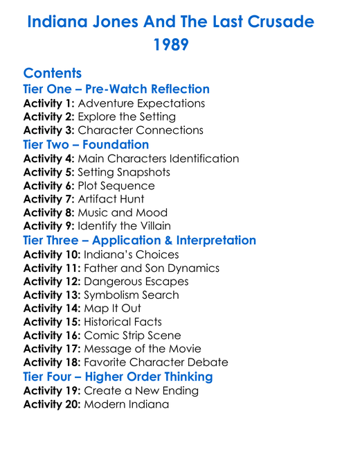 Indiana Jones And The Last Crusade 1989 Worksheet Activity Booklet