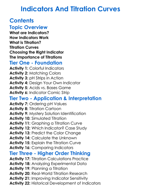 Indicators And Titration Curves Worksheet Activity Booklet
