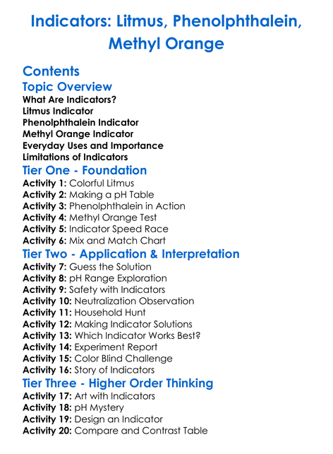 Indicators Litmus Phenolphthalein Methyl Orange Worksheet Activity Booklet