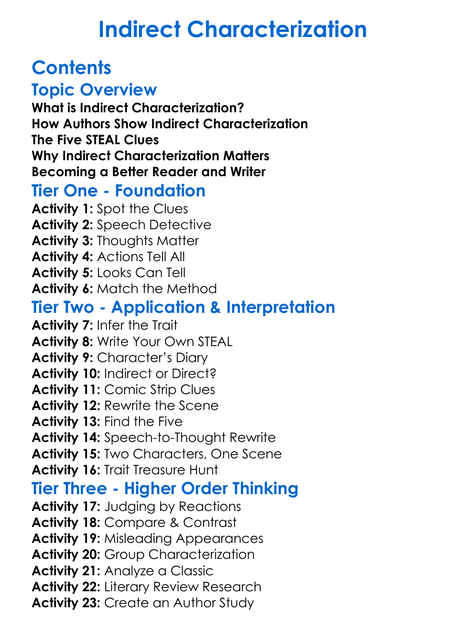 Indirect Characterization Worksheet Activity Booklet