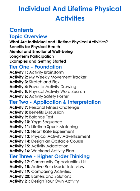 Individual And Lifetime Physical Activities Worksheet Activity Booklet