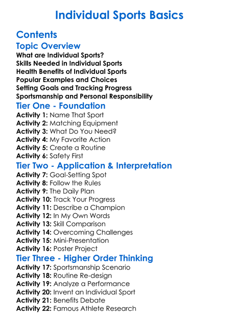 Individual Sports Basics Worksheet Activity Booklet