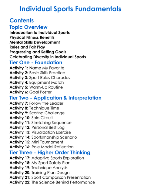 Individual Sports Fundamentals Worksheet Activity Booklet