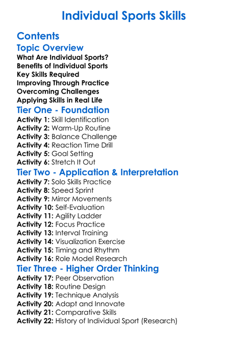 Individual Sports Skills Worksheet Activity Booklet