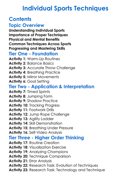 Individual Sports Techniques Worksheet Activity Booklet