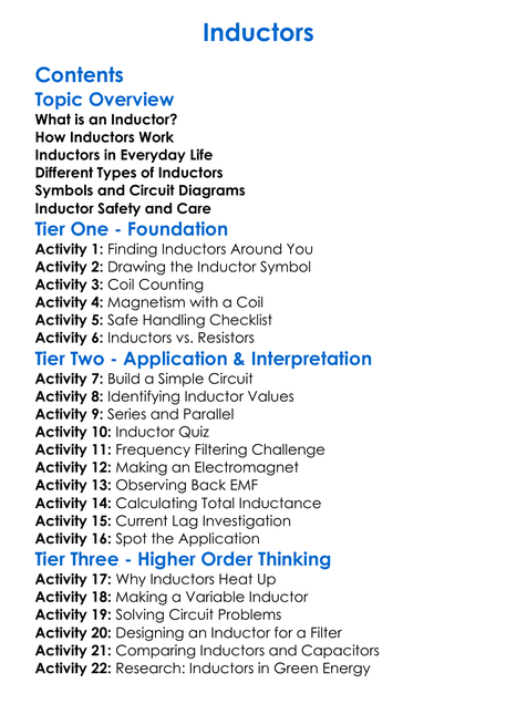 Inductors Worksheet Activity Booklet