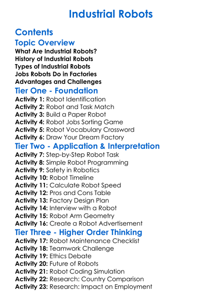 Industrial Robots Worksheet Activity Booklet