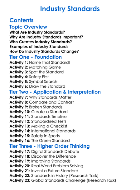 Industry Standards Worksheet Activity Booklet