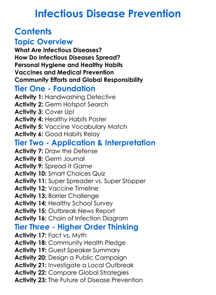 Infectious Disease Prevention Worksheet Activity Booklet