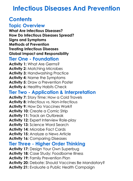 Infectious Diseases And Prevention Worksheet Activity Booklet