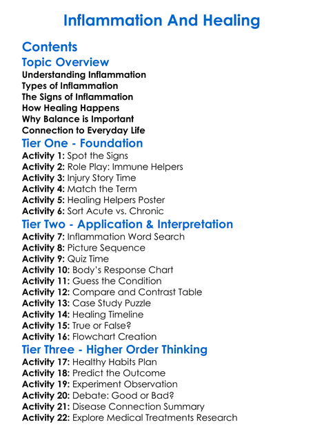 Inflammation And Healing Worksheet Activity Booklet