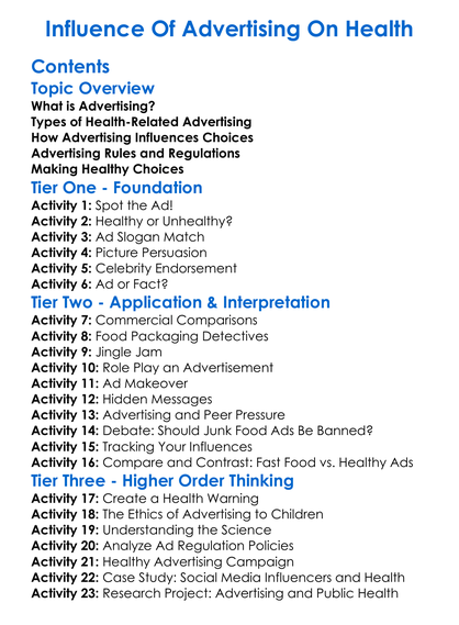 Influence Of Advertising On Health Worksheet Activity Booklet