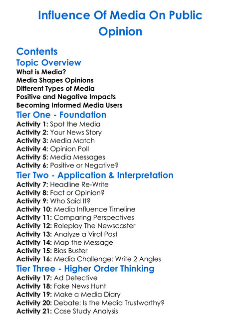 Influence Of Media On Public Opinion Worksheet Activity Booklet
