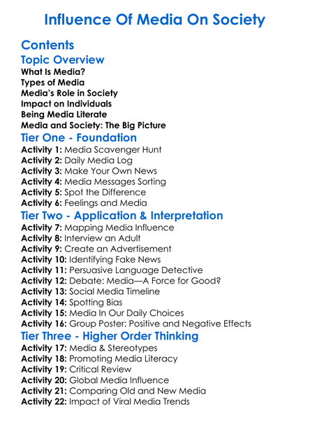Influence Of Media On Society Worksheet Activity Booklet