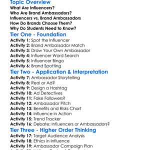 Influencers And Brand Ambassadors Worksheet Activity Booklet