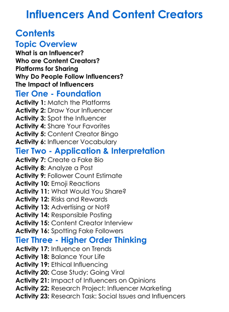 Influencers And Content Creators Worksheet Activity Booklet