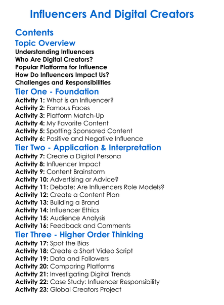Influencers And Digital Creators Worksheet Activity Booklet