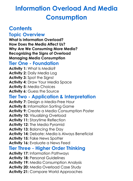 Information Overload And Media Consumption Worksheet Activity Booklet