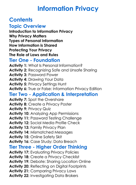 Information Privacy Worksheet Activity Booklet